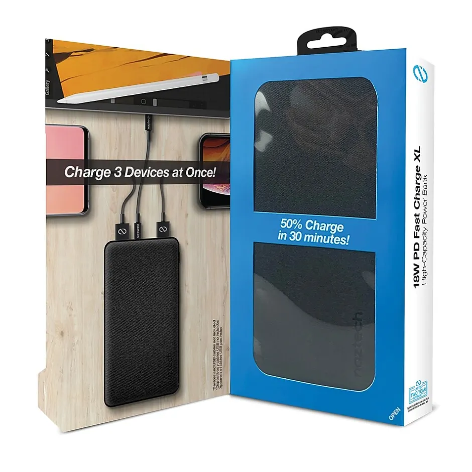 Lightning Cables<Naztech 20,000 mAh 18 Watt PD+QC Fast Charge High-Capacity Fabric Power Bank, Black (15143)