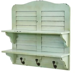 Hot 2-Shelf 20" Vintage Window Shutter Shelving with Hooks Wall Decor, Green (7034) Shelving