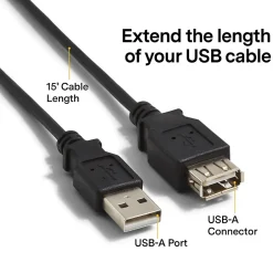Usb Cables<NXT Technologies ™ 15' USB A to USB A Cable, Male to Female, Black (NX29741)