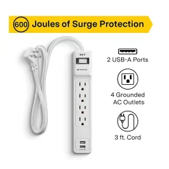 Surge Protectors & Power Strips<NXT Technologies ™ 4-Outlet Plus USB Surge Protector, 3' Cord, 600 Joules (NX54310)