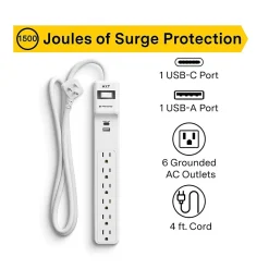 Surge Protectors & Power Strips<NXT Technologies ™ 6-Outlet Plus USB Surge Protector, 4' Cord, 1500 Joules (NX61426)