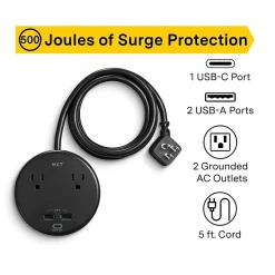 Surge Protectors & Power Strips<NXT Technologies ™ 2-Outlet Plus USB Surge Protector, 5' Cord, 500 Joules (NX61428)