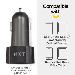 NXT Technologies ™ Universal 2-Port USB-C and USB-A Car Charger, Black (NX54336)