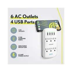 Surge Protectors & Power Strips<Overtime Wall Outlet Extender, 6 Outlets and 2 USB/2 USBC Ports, Surge Protector, White (OTWP6AC4USB42)