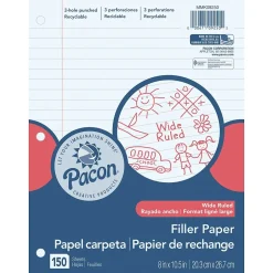Pacon Wide Ruled Filler Paper, 8" x 10.5", 3-Hole Punched, 150 Sheets/Pack, 6 Packs/Bundle (PACMMK09250-6) Best