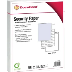 Clearance DocuGard Standard 8.5" x 11" Security Paper, 24 lbs., Blue, 500 Sheets/Ream, 2500/Carton (04540) Security & Carbon