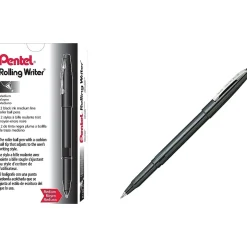 Pentel Rolling Writer Rollerball Pens, Medium Point, Black Ink, 12/Pack (R100-A) New