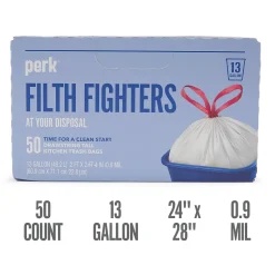 Perk ™ 13 Gallon Kitchen Trash Bag, 28" x 24", Low Density, 0.9 mil, White, 50 Bags/Box (PK56745)