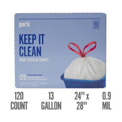 Perk ™ 13 Gallon Kitchen Trash Bag, 28" x 24", Low Density, 0.9 mil, White, 120 Bags/Box (PK56750)