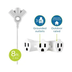 Extension Cords<Philips EZ Grip 8' Indoor/Outdoor Extension Cord, 3-Outlet, 16 AWG, White (SPC3183EZT1/37)