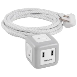 Surge Protectors & Power Strips<Philips 3-Outlet 2-USB Port Power Strip, 10', Gray/White (SPS3102WB/37)