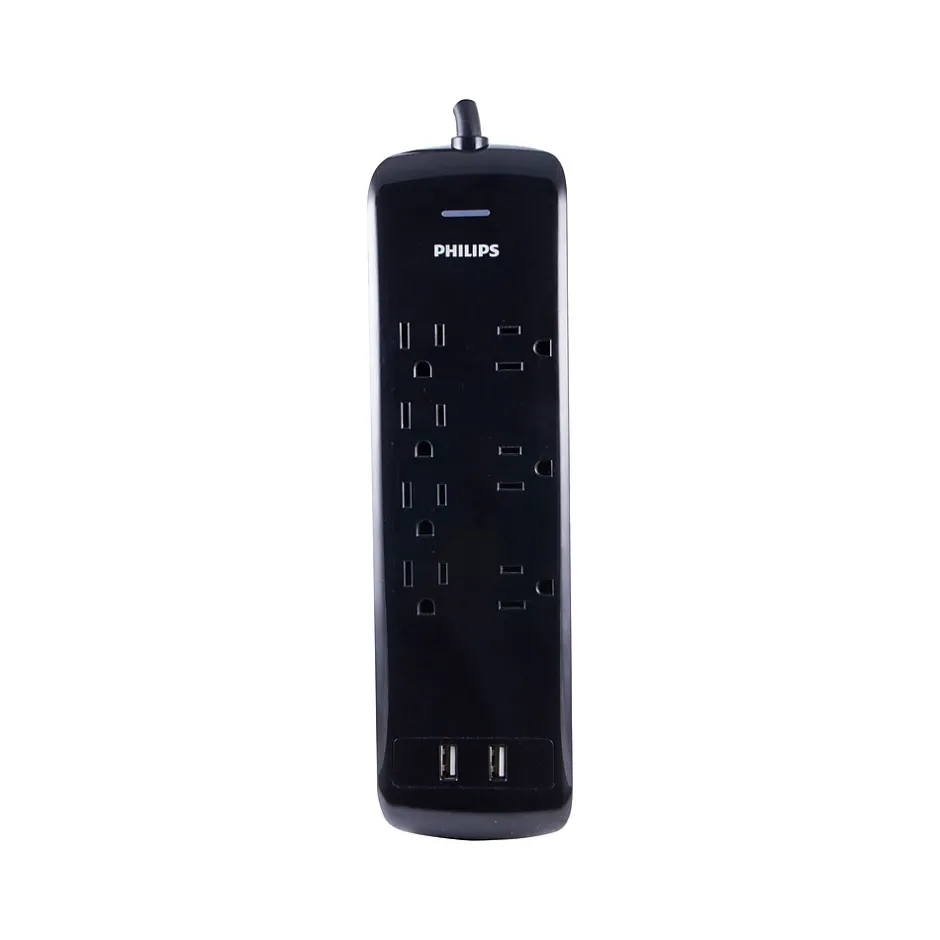 Surge Protectors & Power Strips<Philips 7-Outlet 2-USB Port Surge Protector, Black (SPP6270BC/37)