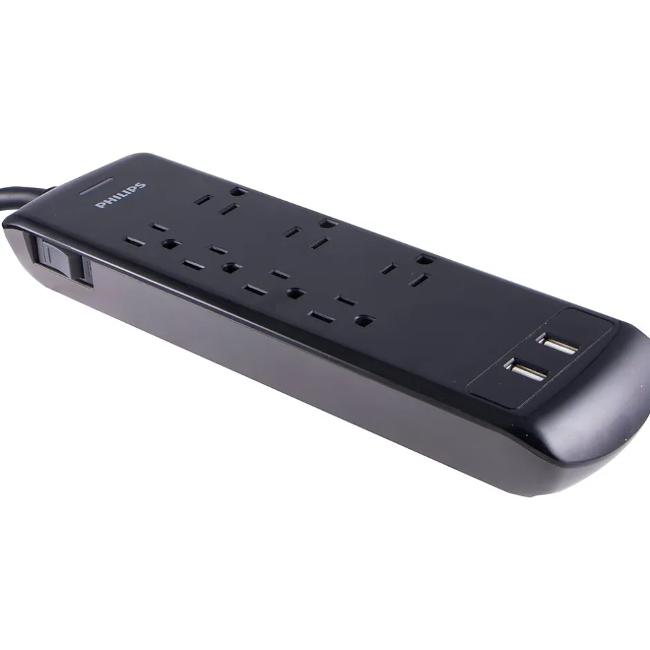Surge Protectors & Power Strips<Philips 7-Outlet 2-USB Port Surge Protector, Black (SPP6270BC/37)