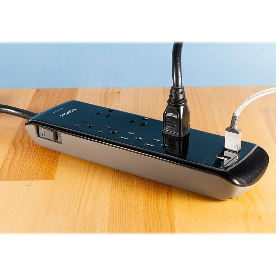 Surge Protectors & Power Strips<Philips 7-Outlet 2-USB Port Surge Protector, Black (SPP6270BC/37)