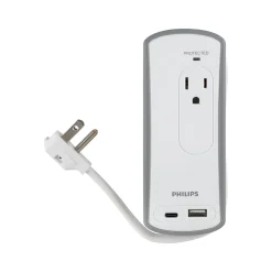 Surge Protectors & Power Strips<Philips 2-Outlet 2-USB Port Surge Protector, 1', Gray/White (SPP2111WA/37)