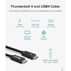 Power Cables<Plugable 3.3' USB C Power Cable, Black (TBT4-40G1M)