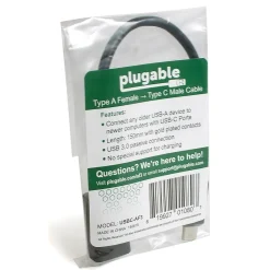 Usb Cables<Plugable 6" USB-C to USB-A, Male to Female, Black (USBC-AF3)