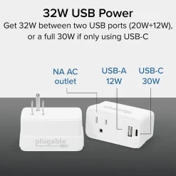 Plugable Wall Outlet Extender with USB-C and USB Charger, White (PS1-CA1)