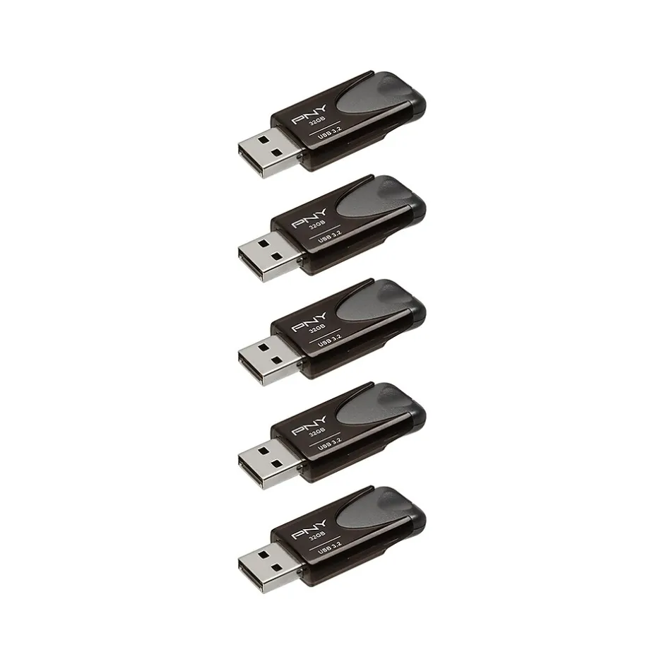 PNY Elite Turbo Attache 4 32GB USB 3.2 Flash Drive, Black, 5/Pack (P-FD32GX5TBAT4E)* Usb Flash Drives