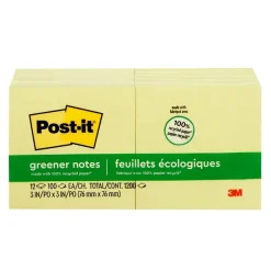 Hot Greener Recycled Notes, 3" x 3", Canary Collection, 100 Sheet/Pad, 12 Pads/Pack (654-RP-YW) Post-It Notes
