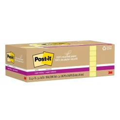 Clearance Recycled Super Sticky Notes, 3" x 3", Canary Collection, 70 Sheet/Pad, 12 Pads/Pack (654R-12SSCY) Post-It Notes