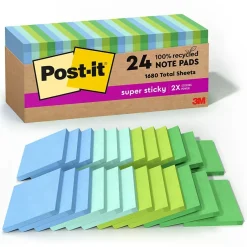 Recycled Super Sticky Notes, 3" x 3", Oasis Collection, 70 Sheet/Pad, 24 Pads/Pack (654R-24SST-CP) Post-It Notes