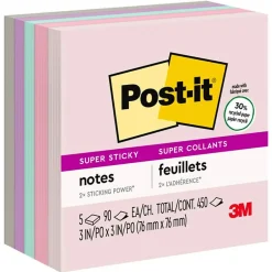 New Recycled Super Sticky Notes, 3" x 3", Collection, 90 Sheet/Pad, 5 Pads/Pack (654-5SSNRP) Post-It Notes