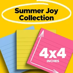Hot Super Sticky Notes, 4" x 4", Summer Joy Collection, Lined, 90 Sheet/Pad, 6 Pads/Pack (675-6SSJOY) Post-It Notes