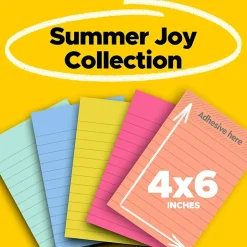 New Super Sticky Notes, 4" x 6", Summer Joy Collection, Lined, 90 Sheet/Pad, 5 Pads/Pack (660-5SSJOY) Post-It Notes