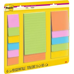 Sale Super Sticky Notes, Assorted Sizes, Energy Boost, Lined & Unlined, 45 Sheets/Pad , 13 Pads/Pack (4623-13SSAU) Post-It Notes