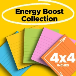 Super Sticky Notes, 4" x 4", Energy Boost Collection, Lined, 90 Sheet/Pad, 6 Pads/Pack (6756SSUC) Post-It Notes