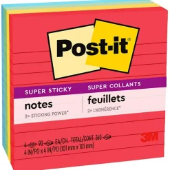 Sale Super Sticky Notes, Playful Primaries Colors, Lined, 4 in x 4 in, 90 Sheets/Pad, 4 Pads/Pack (675-4SSAN) Post-It Notes