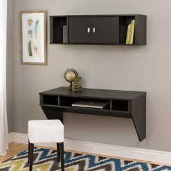 Hot Designer Floating Desk & Hutch Set, Washed Black (HRHW-0501-2M) Computer Desks