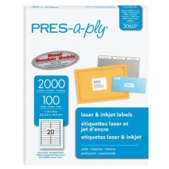Avery PRES-a-ply Laser/Inkjet Address Labels, 1" x 4", White, 20 Labels/Sheet, 100 Sheets/Box, 2,000 Labels/Box (30601)* Address Labels
