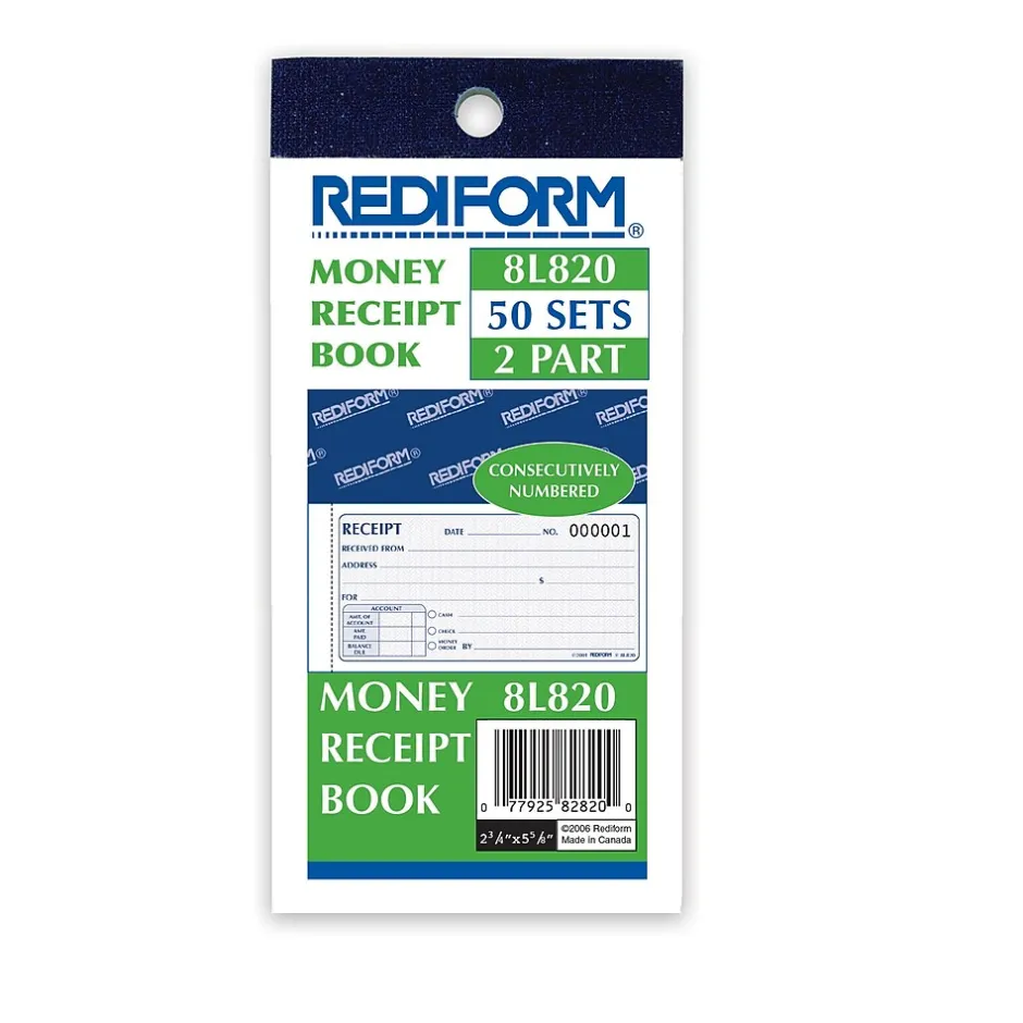 Online Money Receipt Book, 2 3/4" x 5", 50 Sheets/Book (RED8L820) Accounting & Record Journals