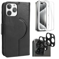Cell Phone Cases<SaharaCase Genuine Leather Wallet Case, Tempered Glass Screen, Camera Protector for iPhone 15 Pro Max, Black (CP480ZD128ZD131)