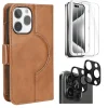 Cell Phone Cases<SaharaCase Genuine Leather Wallet Case, Tempered Glass Screen, Camera Protector for iPhone 15 Pro Max, Brown (CP481ZD128ZD131)