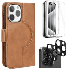Cell Phone Cases<SaharaCase Genuine Leather Wallet Case, Tempered Glass Screen, Camera Protector for iPhone 15 Pro Max, Brown (CP481ZD128ZD131)