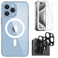 Cell Phone Cases<SaharaCase Hybrid-Flex Hard Shell Case, Tempered Glass Screen, Camera Protector for iPhone 15 Pro Max, Clear (CP472ZD128ZD131)