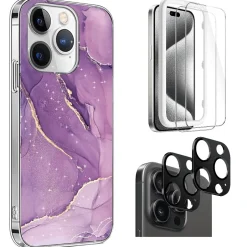 Cell Phone Cases<SaharaCase Purple Marble Case, Tempered Glass Screen and Camera Protector for iPhone 15 Pro Max (CP474ZD128ZD131)