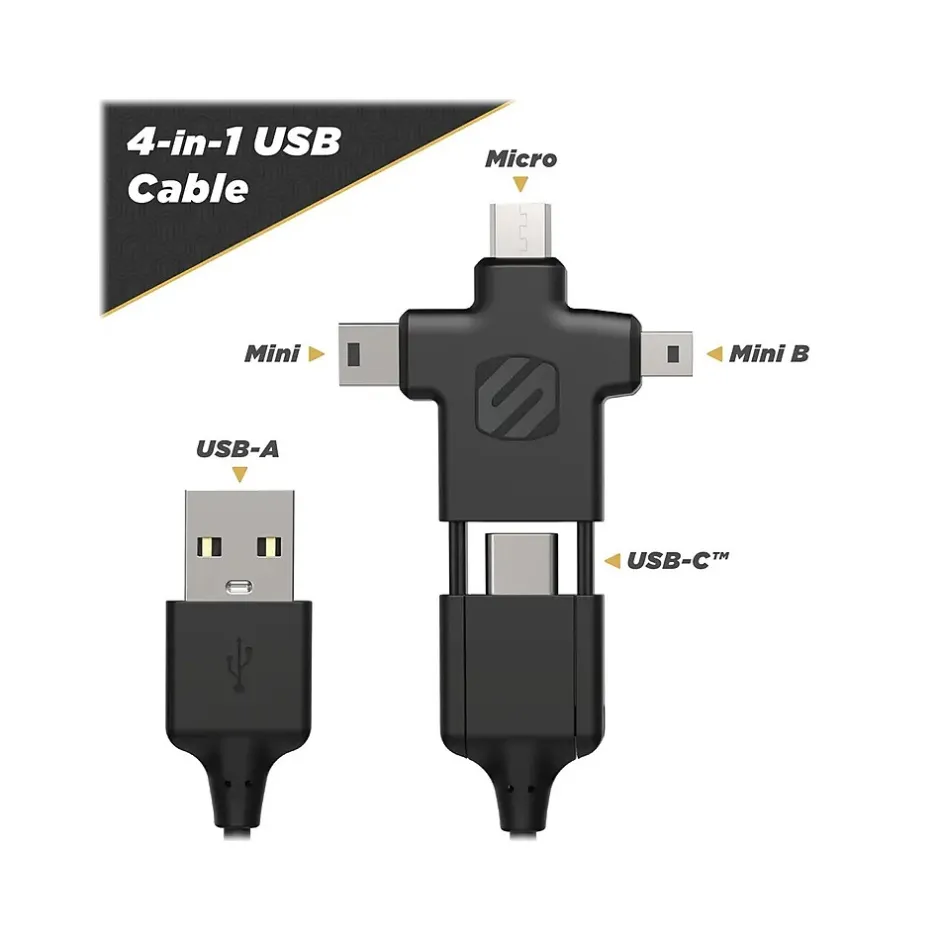 Usb Cables<scosche SmartSync 3' USB Type-A to Micro-USB/Mini-USB/Mini-USB Type-B/USB Type-C Cable, Male to Male, Black (MMMC-SP)