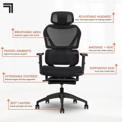 Hot S850 Ergonomic Mesh Swivel Massage with Heat Executive Task Chair with Footrest, Black (60106-BLK) Office Chairs
