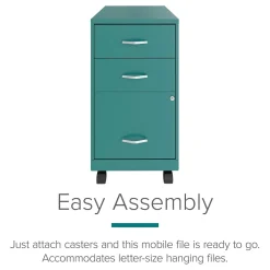 3-Drawer Mobile Vertical File Cabinet, Letter Size, Lockable, 26.7"H x 14.25"W x 18"D, Teal (24431) File Cabinets