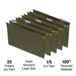 Staples ® 95% Recycled Heavy Duty Hanging File Folders, 1/5-Cut Tab, Legal Size, , 25/Box (ST116830/116830) Standard Green