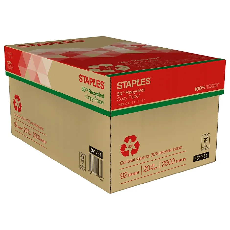 Outlet 30% Recycled 11" x 17" Copy Paper, 20 lbs., 92 Brightness, 500 Sheets/Ream, 5 Reams/Carton (112390) Copy Paper