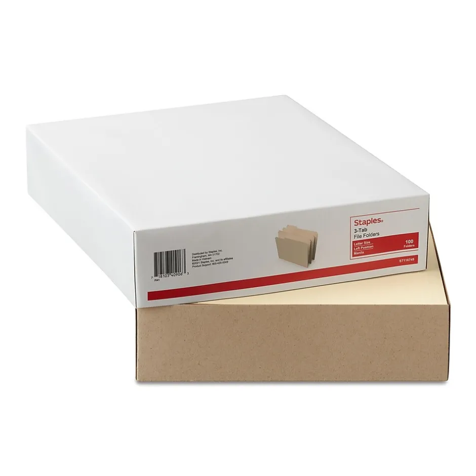 Staples 30% Recycled File Folders, 1/3-Cut Tab, Left Position, Letter Size, Manila, 100/Box (ST116749/116749) Clearance