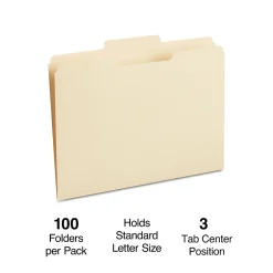Staples 30% Recycled File Folders, 1/3-Cut Tab, Center Position, Letter Size, Manila, 100/Box (ST116780/116780) Online