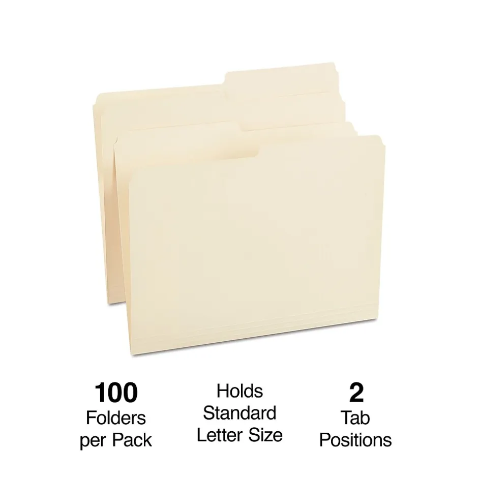 Staples 30% Recycled File Folders, 1/2 Cut Tab, Letter Size, Manila, 100/Box (ST116855-CC)