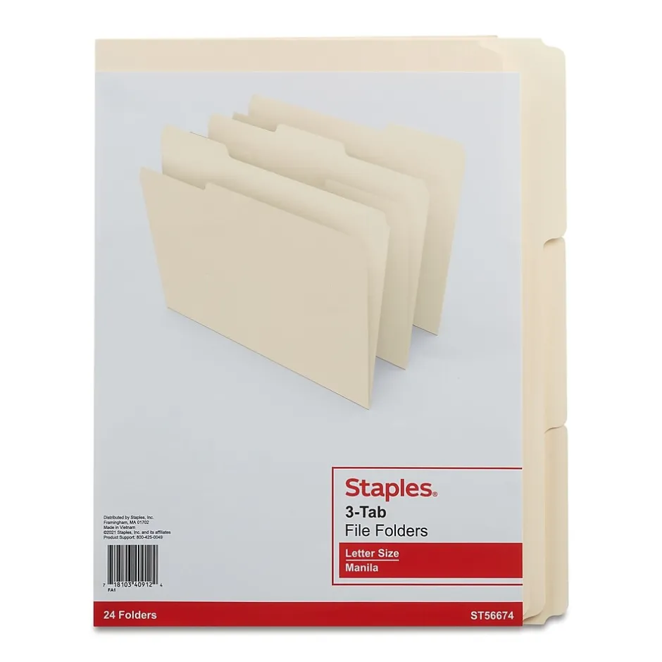 Staples 30% Recycled File Folders, 1/3-Cut Tab, Letter-Size, Manila, 24/Pack (235390/TR56674) Discount