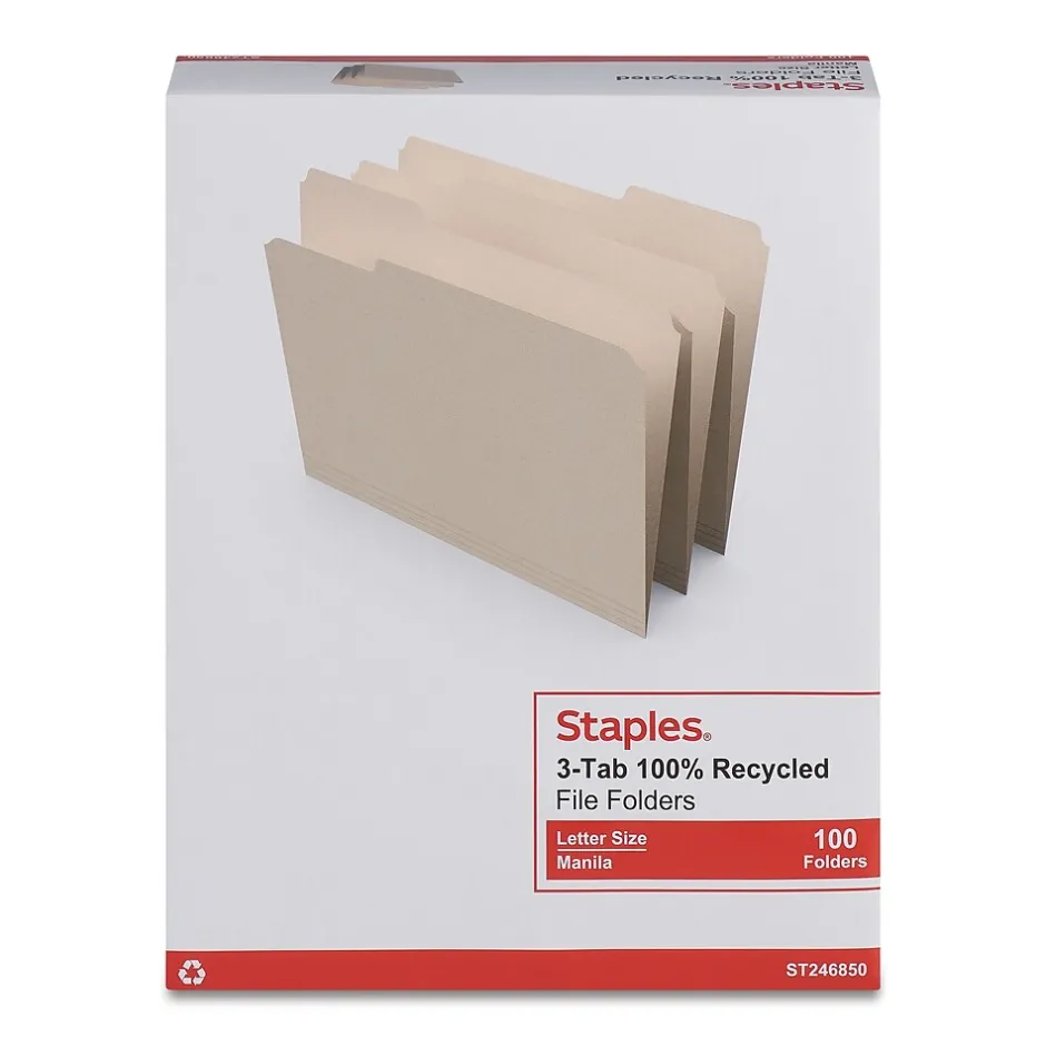 Staples 100% Recycled File Folders, 1/3-Cut Tab, Letter Size, 100/Box (ST246850/246850) Best